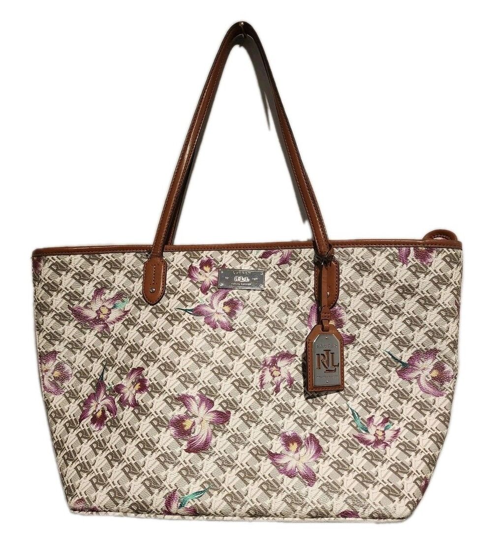 RLL Lauren Ralph Lauren Coated Canvas Monogram Orchid Floral Beige Gray Tote Bag